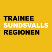 Gul bakgrund med svart och vit text Trainee Sundsvalls regionen.