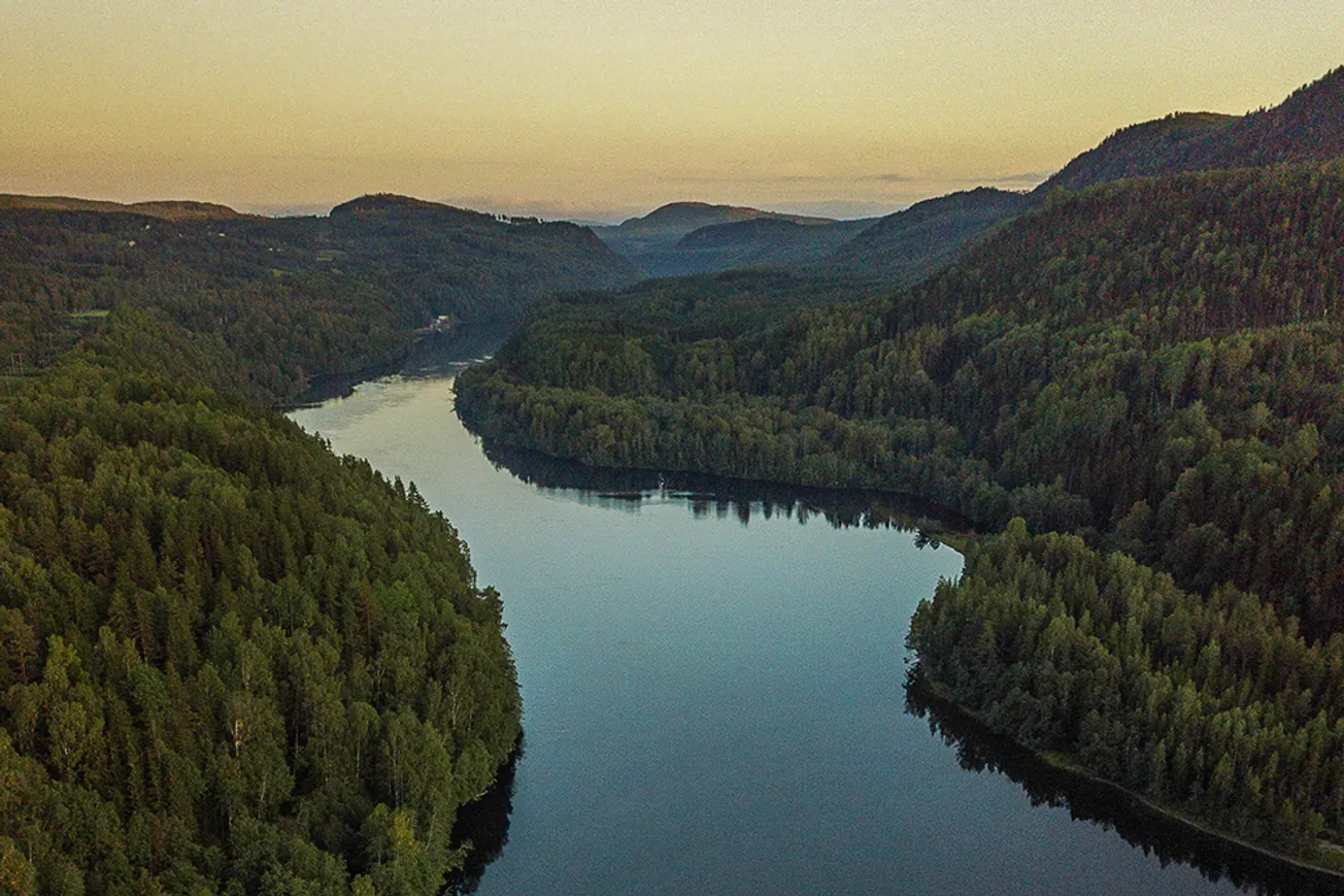 En flygbild av Indalsälven omgiven av träd.