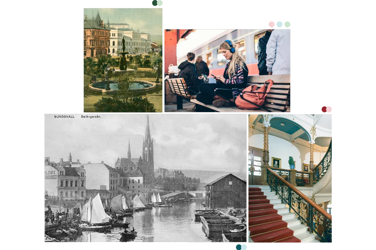 Bildkollage som visar Sundsvall förr och nu. Kollaget innehåller äldre historiska fotografier av stadsmiljöer och hamn, samt nyare bilder av människor i vardagsmiljö och interiör från en offentlig byggnad. Tillsammans illustrerar bilderna stadens historia, arkitektur och samtida liv.