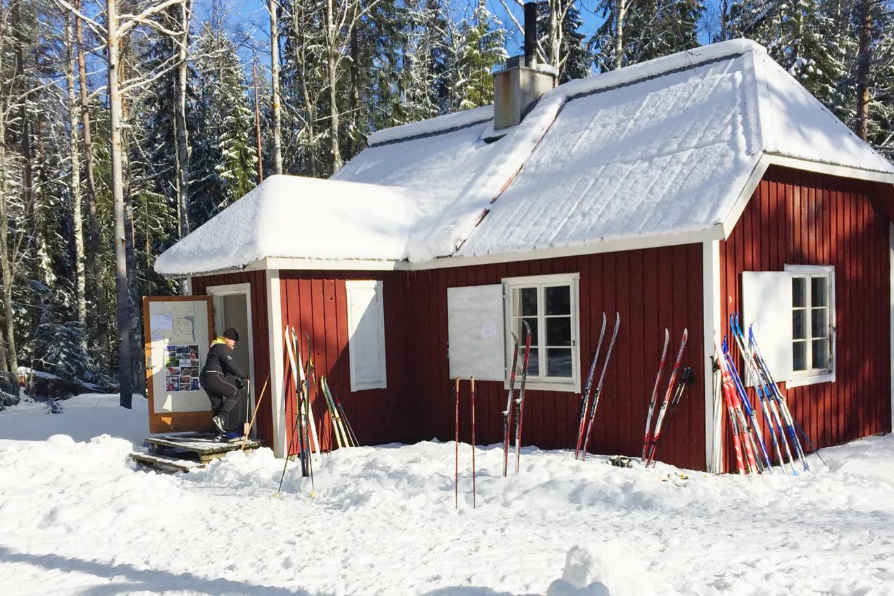 Röd stuga omgiven av träd i vintermiljö.