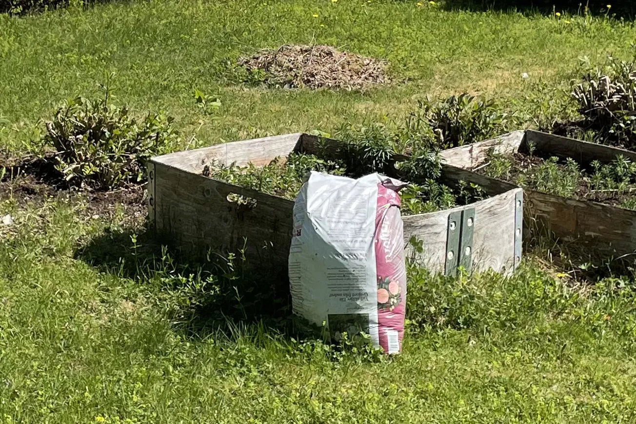 En odlingslåda som står mitt i en trädgård.