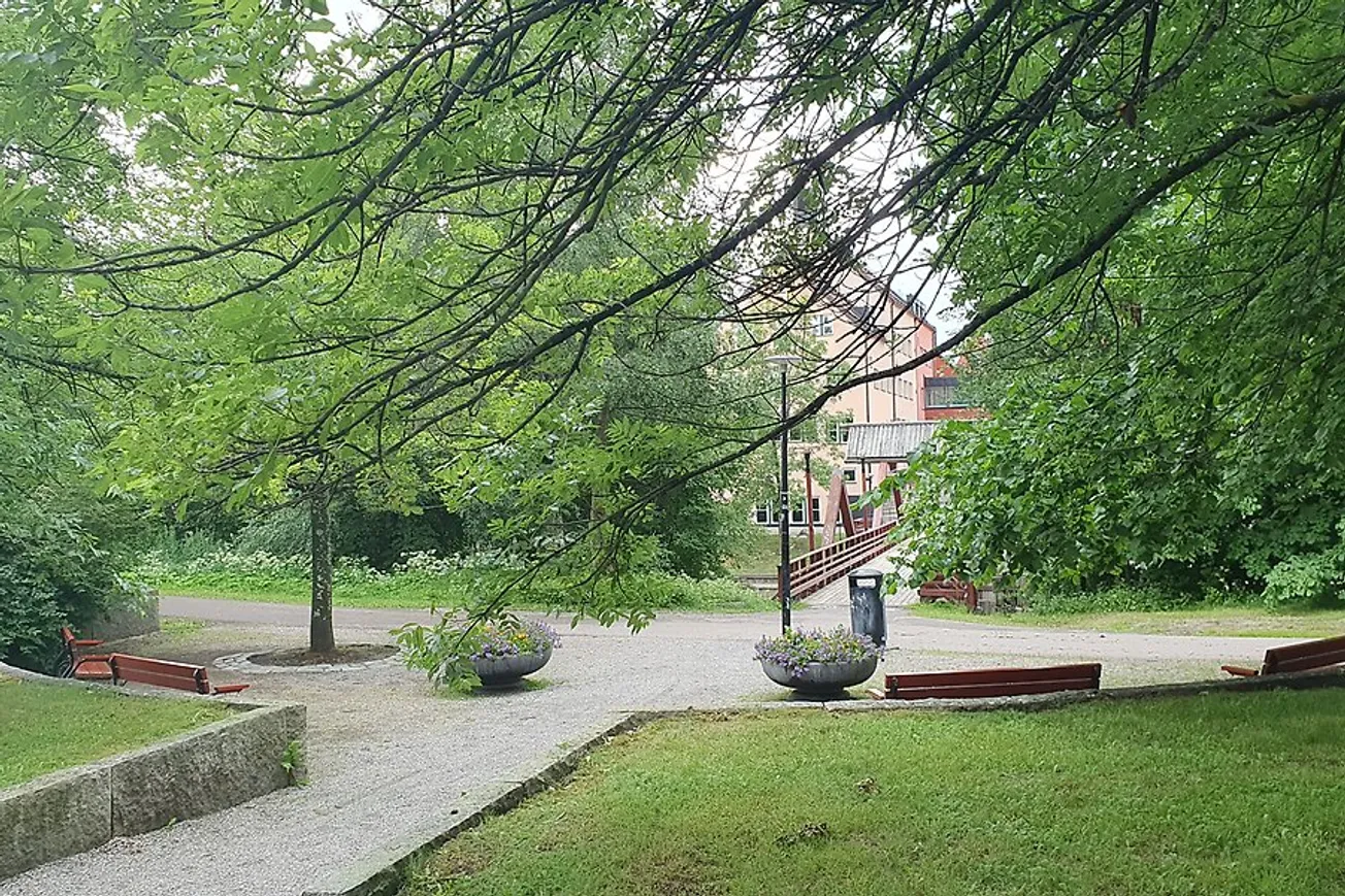 Åparken vid Mittuniversitetet med bänkar och träd i bakgrunden.