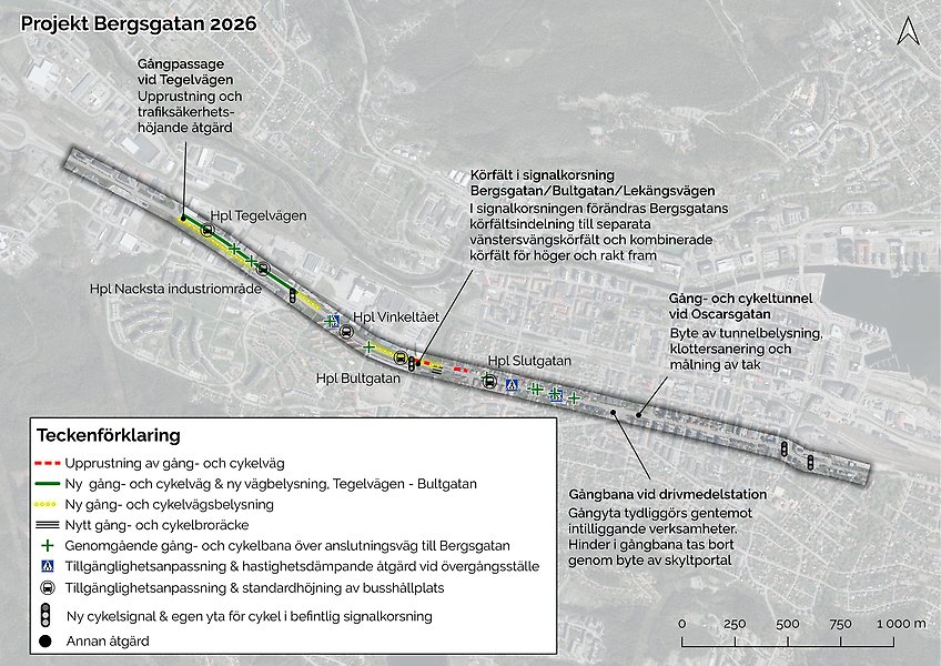 Översiktskarta över de trafiksäkerhets- och tillgänglighetsåtgärder som planeras längs Bergsgatan i Sundsvall under 2026.