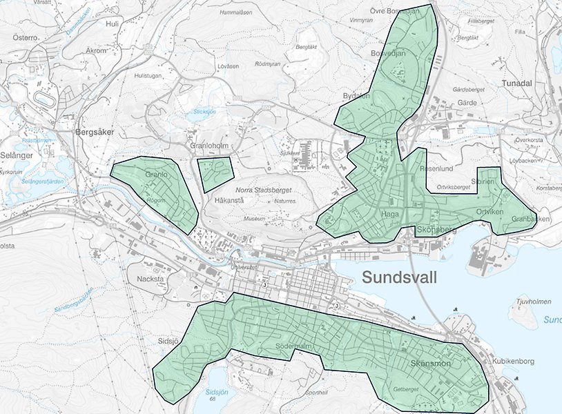 Bilden visar en karta över Sundsvall med förslag på nya zoner för datumparkering.