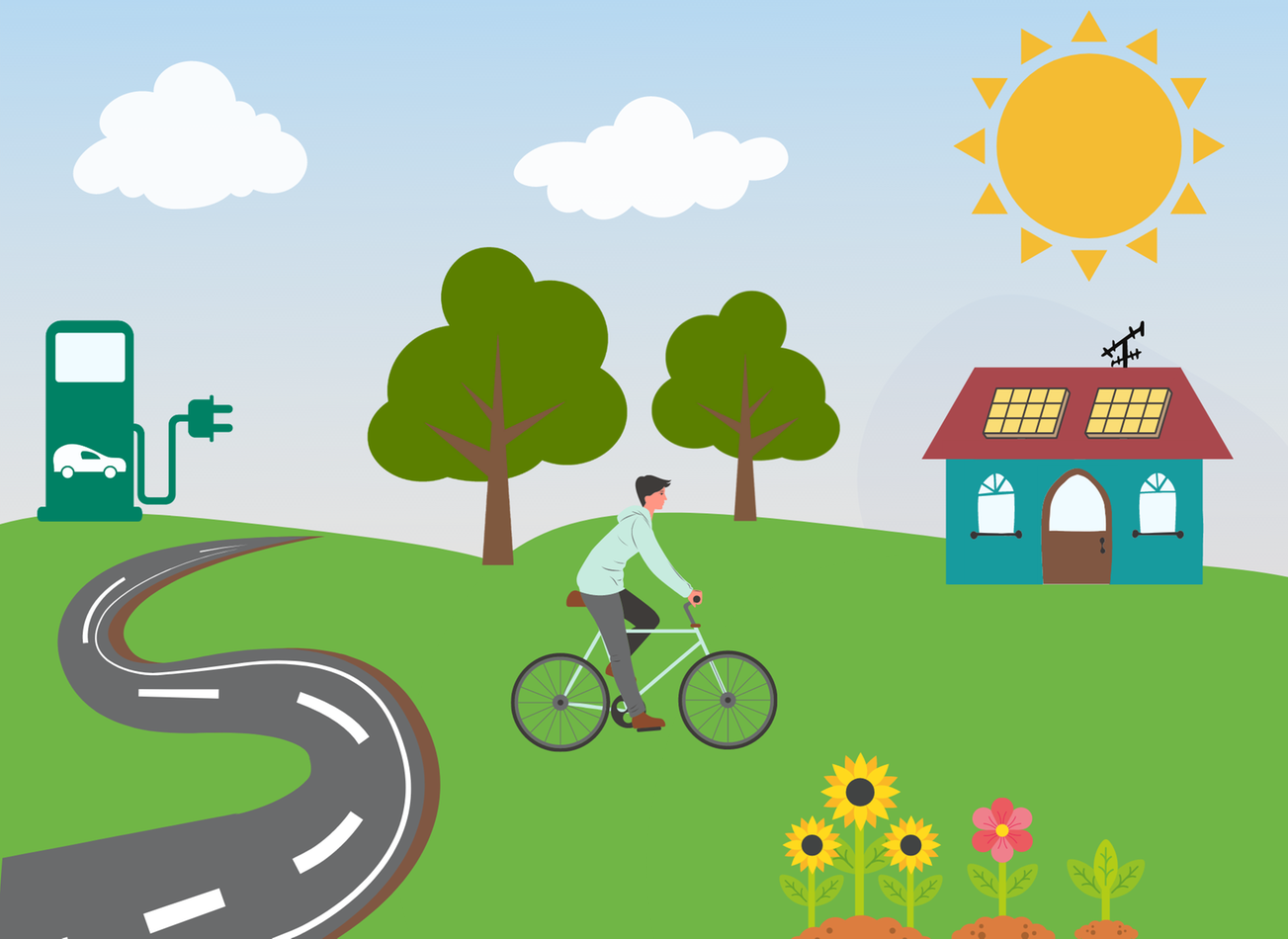 Alttext: Pojke cyklar i natur med hus med solceller på tak och laddplats för elbil. Fotograf: Illustration Evelinn Carlsson 