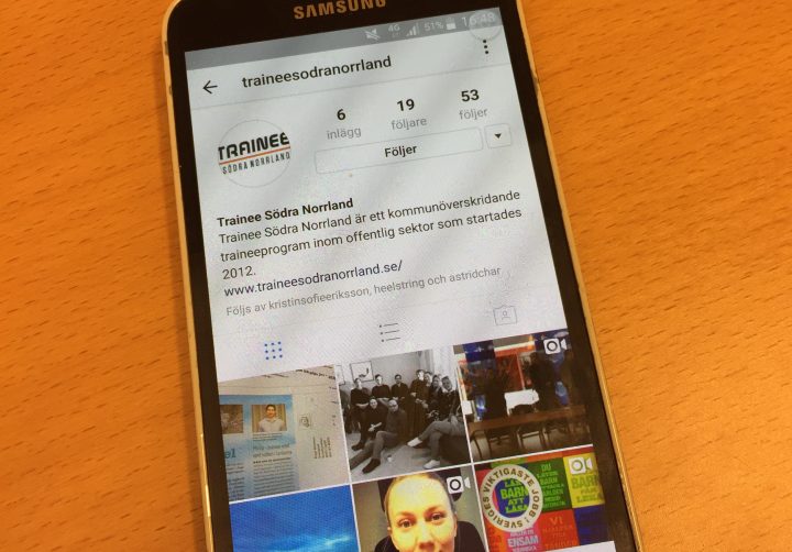 En mobiltelefon som visar Trainee Södra norrlands instagram.